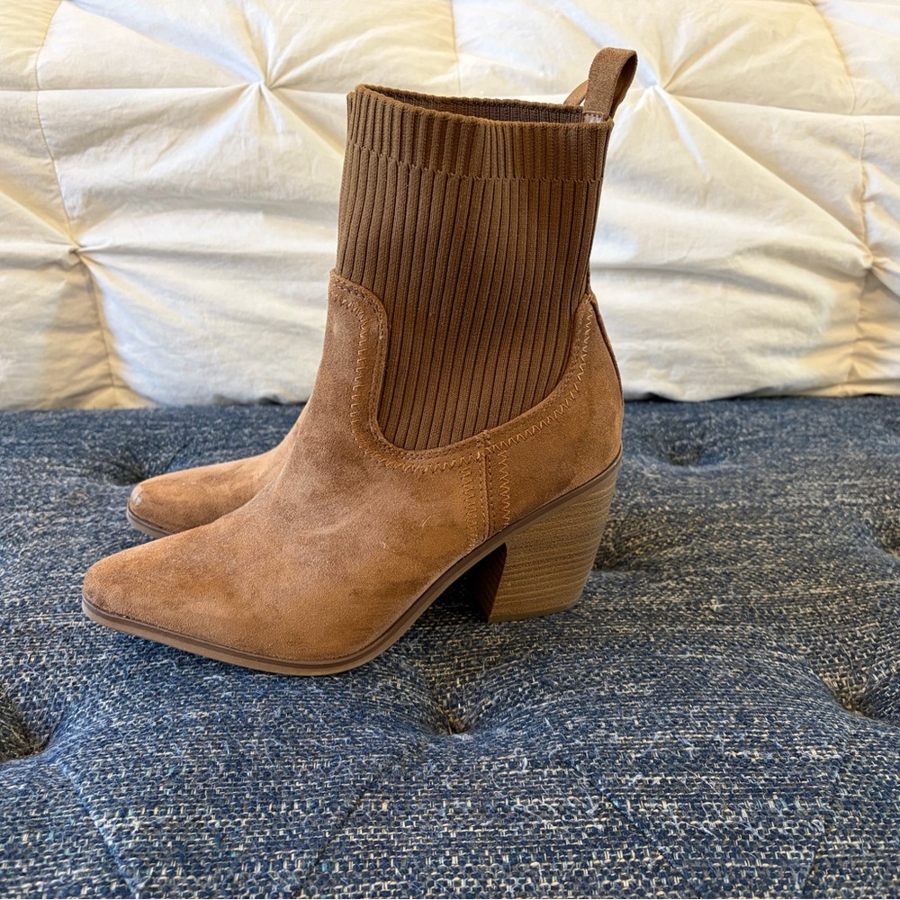 Women's Tan Suede Ankle Boots with Ribbed Shaft